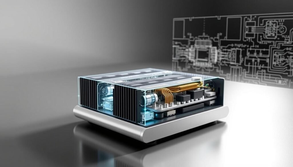 A high-efficiency class D amplifier IC system, engineered by Informic Electronics, showcasing its power efficiency capabilities. In the foreground, a sleek, minimalist design with clean lines and a metallic finish. The middle ground features a detailed cutaway view, revealing the intricate circuitry and heat management systems that contribute to the amplifier's energy-efficient operation. In the background, a crisp, technical blueprint-style rendering highlights the advanced engineering behind this Informic Electronics class D amplifier. Soft, directional lighting accentuates the product's precision and performance, conveying a sense of cutting-edge technology and engineering excellence.