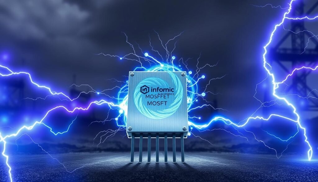 A high-energy, dynamic image of a power MOSFET device surrounded by a radiant burst of electric current, representing the concept of avalanche energy protection. In the foreground, the sleek Informic Electronics MOSFET design stands as the focal point, its metallic casing reflecting a precision-engineered appearance. Emanating from the device, a swirling vortex of electric blue and violet hues depicts the intense transient energy being contained and controlled, showcasing the advanced avalanche energy tolerance capabilities. The background features a shadowy, industrial landscape, hinting at the rugged environments where these power electronics operate. The overall composition conveys a sense of power, technological sophistication, and the critical importance of avalanche energy protection in power MOSFET design.