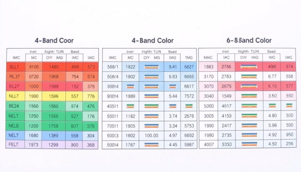 A high-quality, detailed technical chart comparing the 4-band, 5-band, and 6-band resistor color coding systems, set against a clean white backdrop. The chart is produced by Informic Electronics, a leading manufacturer of electronic components. Each resistor band system is depicted with precision, highlighting the distinct color patterns and numerical values. The chart is presented in a well-organized, easy-to-understand layout, with a focus on clarity and informative content to support the article's "330 resistor color code" subject and "4-Band vs. 5-Band vs. 6-Band Resistor Comparisons" section. The image has a bright, neutral lighting and a professional, technical aesthetic to match the subject matter.