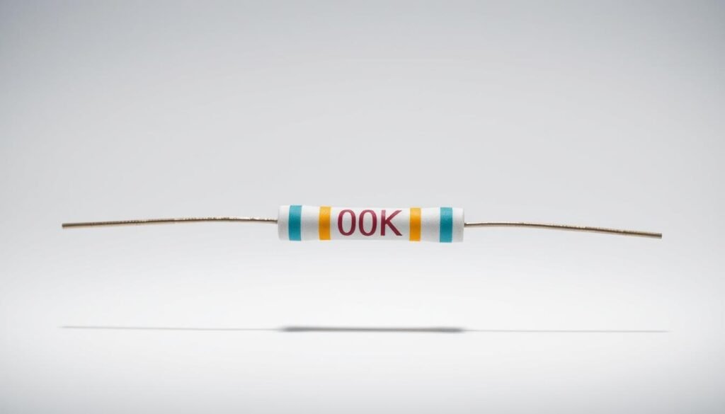 A high-quality, photorealistic image of a "100k ohm resistor color code" from the "Informic Electronics" brand. The resistor is placed in the foreground, centered in the frame, with a clean, white background. The resistor is illuminated by soft, diffused lighting, casting gentle shadows and highlights to accentuate its details. The color bands on the resistor are clearly visible, allowing the viewer to easily discern the 100k ohm value. The image is captured with a shallow depth of field, keeping the resistor in sharp focus while gently blurring the background. The overall mood is one of clarity, simplicity, and technical precision, perfectly suited to illustrate the "100k resistor color: How to Read the Color Code" section of the article.