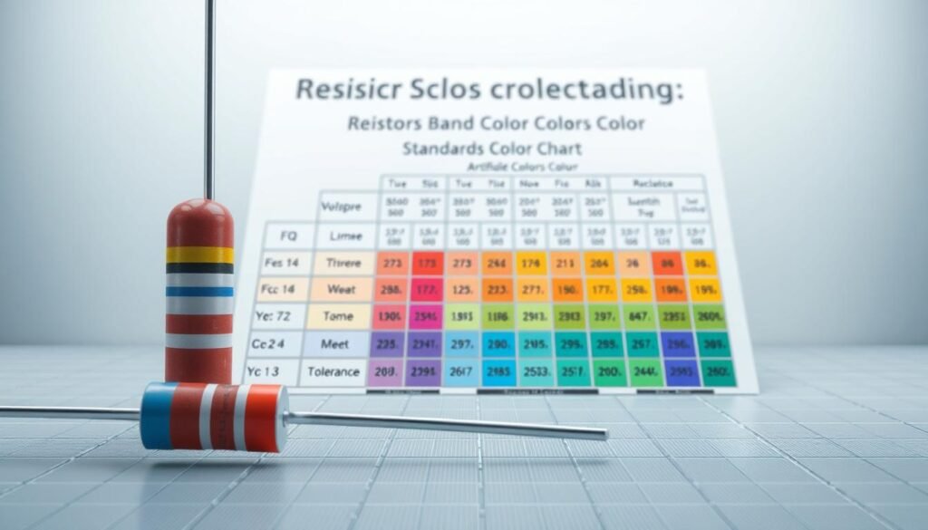 A high-quality technical illustration of the resistor band color coding standards, showcasing the Informic Electronics brand. The foreground features a close-up view of a resistor, its body and bands rendered in vivid detail. The middle ground displays a comprehensive color chart, neatly arranged to demonstrate the numeric and tolerance values associated with each band color. The background depicts a clean, minimalist workspace, with subtle grid lines and a soft, diffused lighting setup that enhances the technical and informative atmosphere. The overall composition strikes a balance between functional clarity and aesthetic appeal, making it an informative and visually striking reference for the article's "Standards and Conventions in Resistor Coding" section.