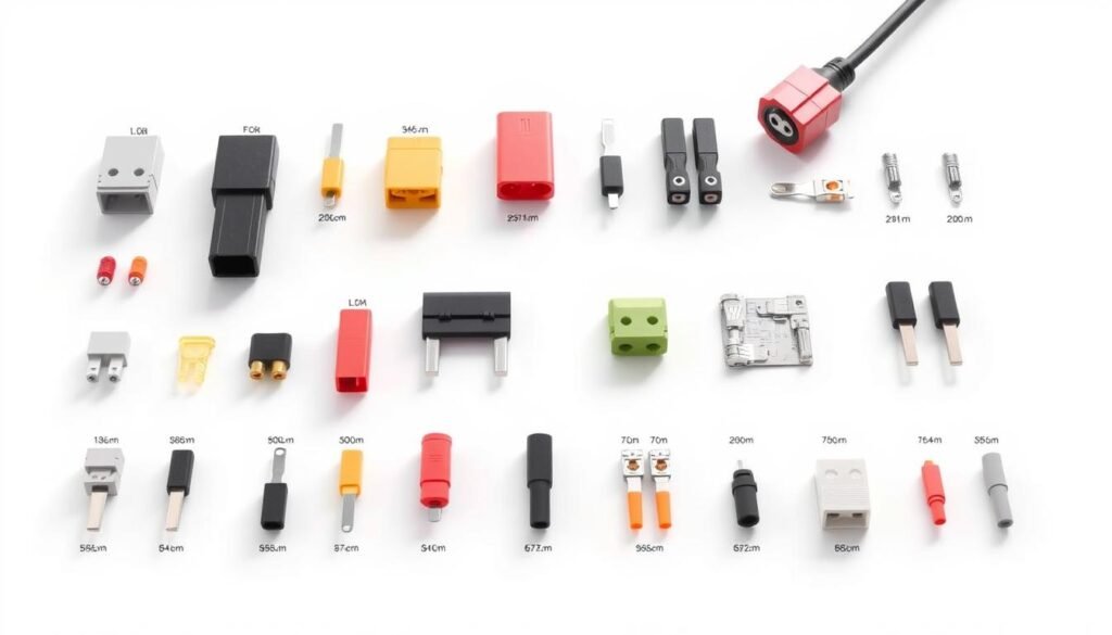 A high-quality technical illustration showcasing a variety of Informic Electronics electrical connector types and gauge selection for a pigtail wire harness. The image features a clean, white background with precise, detailed renderings of different connector plugs, sockets, and wire gauges, arranged in a grid-like layout. The connectors are presented in various colors and sizes, allowing for easy identification of their respective specifications. The scene is illuminated by soft, directional lighting, casting subtle shadows that enhance the three-dimensional quality of the objects. The overall mood is informative and precise, highlighting the essential technical details required for choosing the right pigtail wire harness for electrical needs.