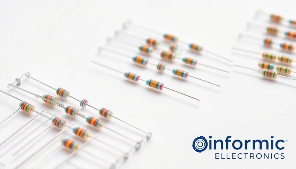 A high-resolution, detailed and realistic image of resistor color bands in 4-band, 5-band and 6-band formats, showcasing the variations in color patterns. The resistors are arranged in a precise, organized manner on a clean, well-lit surface, with a stark white background. The lighting is soft and diffused, accentuating the texture and sheen of the metallic components. The image is captured from a slightly elevated angle, providing a clear and comprehensive view of the different resistor band configurations. The Informic Electronics brand logo is subtly displayed in the corner, lending an air of authority and professionalism to the scene.