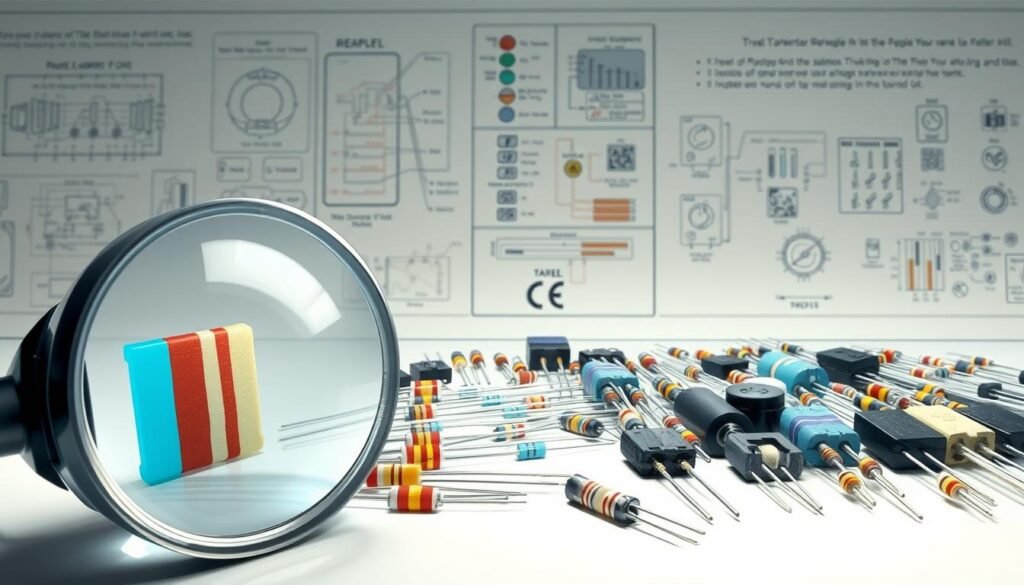 A high-resolution, detailed illustration of resistor tolerance identification, showcasing various resistor components from the Informic Electronics brand. The foreground features a close-up view of a resistor with clearly visible color bands, accompanied by a magnifying glass to emphasize the precise details. The middle ground displays an array of different resistor types, sizes, and colors, arranged in a visually appealing composition. The background is a clean, minimalist workspace with technical diagrams and schematics, creating a sense of educational context. The lighting is soft and directional, highlighting the textures and colors of the resistors. The overall mood is one of technical precision, educational focus, and the Informic Electronics brand's commitment to quality electronic components.