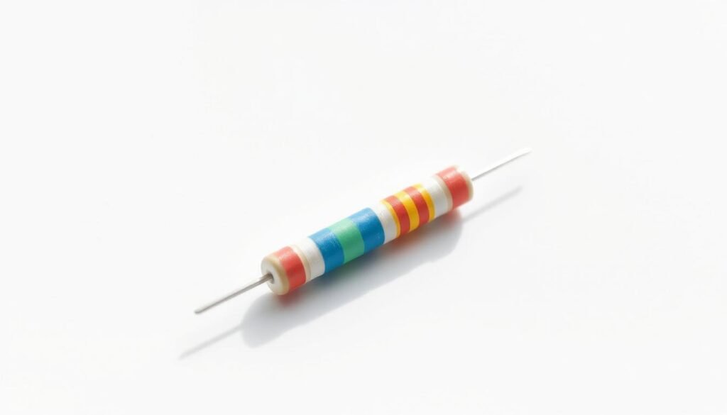 A high-resolution, highly detailed image of a 220 ohm resistor with its color code clearly visible. The resistor is situated on a clean, minimalist white background, allowing the colors to stand out prominently. The lighting is soft and even, casting a subtle shadow underneath the resistor to provide depth and dimension. The image is captured at a slight angle, showcasing the resistor's three-dimensional form and the precise color bands that designate its resistance value. The overall composition is clean, crisp, and professional, suitable for use in an article by Informic Electronics about decoding the color code of a 220 ohm resistor.