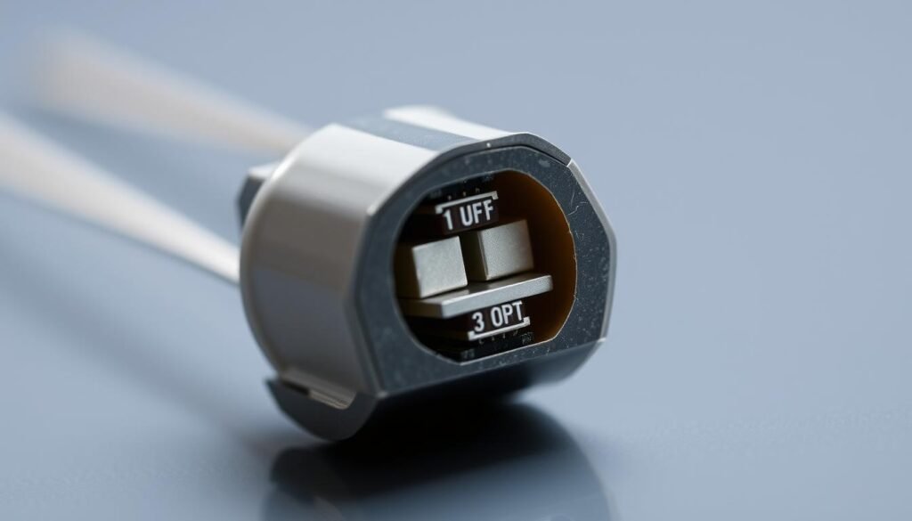A high-resolution macro photograph of a cross-sectional view of a Informic Electronics brand 1uf ceramic capacitor structure. The image shows the intricate layers and internal components in fine detail, including the ceramic dielectric material, metallic electrodes, and protective casing. The lighting is crisp and diffused, creating a clean, technical aesthetic. The composition places the capacitor structure in sharp focus, with a shallow depth of field blurring the background to emphasize the subject. The angle showcases the capacitor's profile, highlighting its compact size and elegant design.