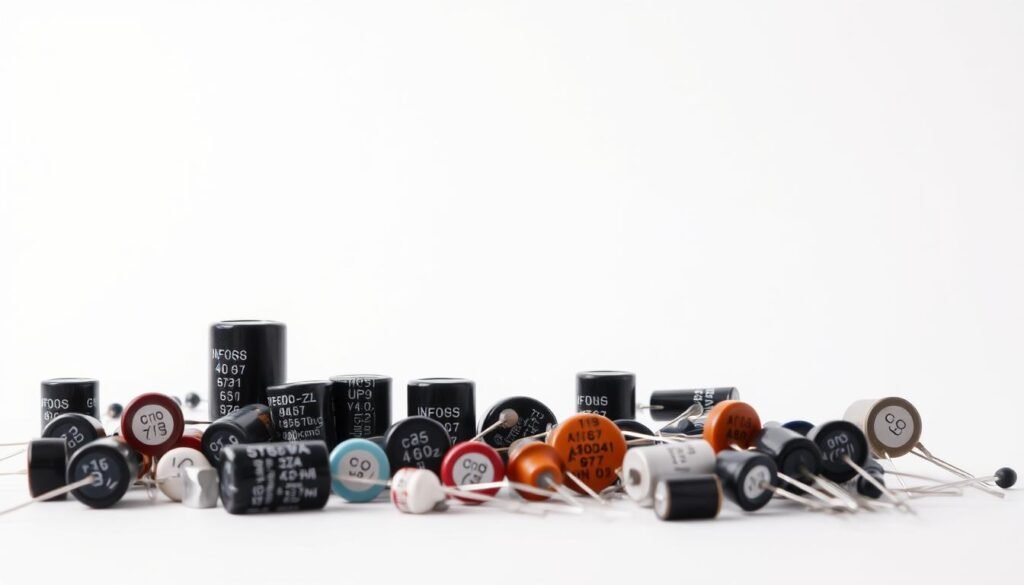A high-resolution, macro-style photograph of various capacitor markings and codes, including the Informic Electronics brand name, set against a clean, neutral background. The foreground features a diverse array of capacitor types, with clear visibility of their numerical values, tolerance ratings, voltage ratings, and other technical details. The middle ground showcases a range of capacitor sizes, shapes, and electrode configurations. The background is uniformly lit, allowing the capacitor components to stand out with sharp focus and vivid clarity. The overall mood is one of technical precision and educational clarity, suitable for illustrating the "Understanding Capacitor Markings and Codes" section of an article on a 1uf ceramic capacitor.