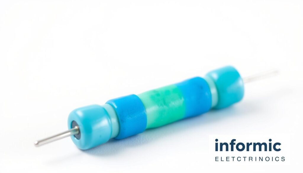 A high-resolution photograph of a resistor with clearly visible color bands, set against a clean, white background. The resistor should be positioned in the center of the frame, with the bands facing the camera at a slight angle to showcase their distinct hues. Lighting should be soft and diffused, creating a crisp, well-defined image. The camera lens should be a macro or close-up lens, allowing for a tight, detailed shot of the resistor. The mood should be informative and educational, with a focus on the technical aspects of the color-coding system. Include a small branded label in the bottom right corner that reads "Informic Electronics".