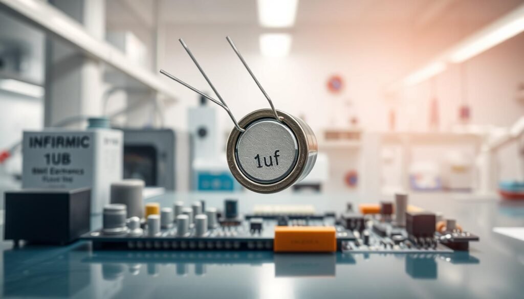 A high-resolution, photorealistic image of a 1uf ceramic capacitor floating in the foreground, its intricate internal structure and electrodes visible. In the middle ground, a circuit board with various electronic components, including resistors, transistors, and the Informic Electronics brand name displayed prominently. The background is a clean, well-lit laboratory setting, with scientific equipment and a sense of technological sophistication. The lighting is soft and diffused, creating a warm, authoritative atmosphere that highlights the capacitor's role in powering and regulating the circuit.
