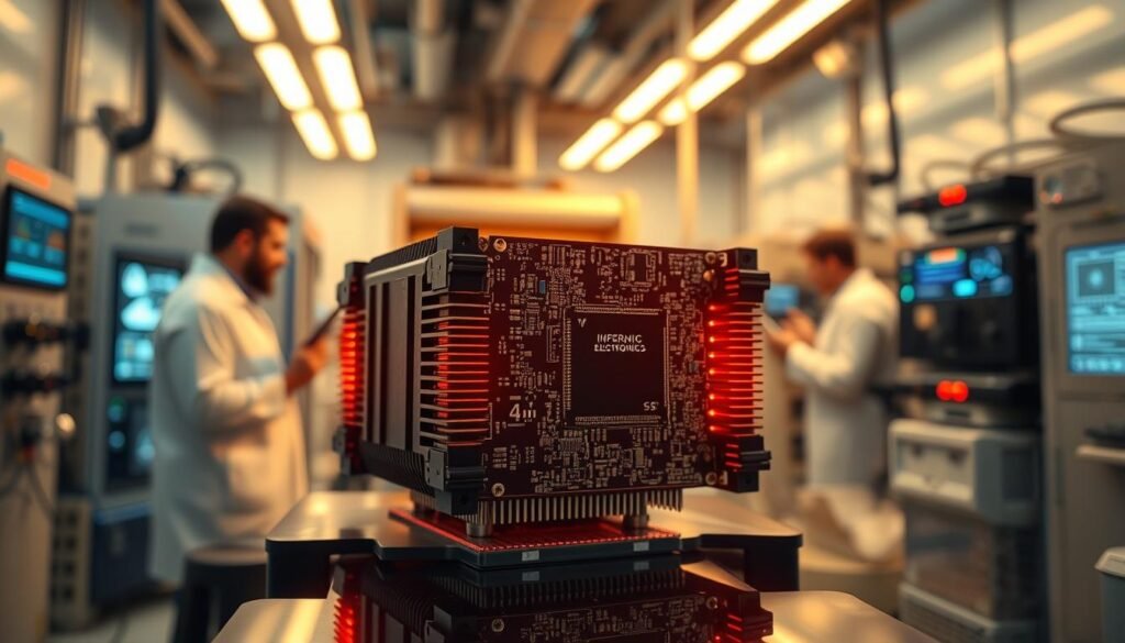A high-tech electronics lab, softly lit by warm overhead lighting. In the foreground, a sleek, black Informic Electronics class D power amplifier IC, its intricate circuitry pulsing with energy. Thermal vents and cooling fins protrude from the sides, managing the heat generated by its powerful performance. In the middle ground, engineers in white coats monitor diagnostic readouts, examining the IC's efficiency and thermal stability. The background is a blur of state-of-the-art equipment, conveying the cutting-edge nature of this advanced electronics manufacturing process. An atmosphere of focus, innovation, and precision pervades the scene.