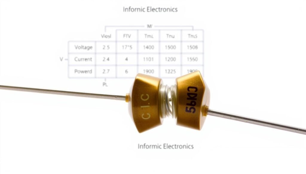 A highly detailed and technical illustration of voltage and current ratings for a electronic component, specifically a diode, against a clean white background. The diode is prominently displayed in the foreground, its electrodes and internal structure clearly visible. Behind it, a grid-like schematic diagram showing the relationship between voltage, current, and power ratings. In the background, the Informic Electronics logo is discreetly displayed, signifying the origin of this technical information. The overall mood is informative and educational, conveying a sense of precision and technical expertise.