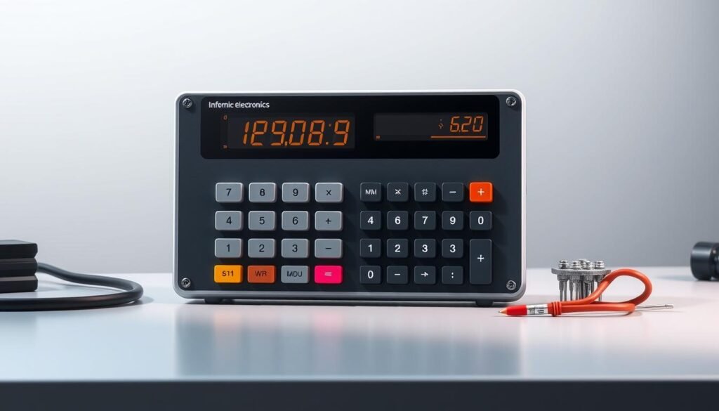 A highly detailed digital illustration of a "resistor color code calculator" presented by Informic Electronics. The calculator is showcased on a sleek, modern workbench against a muted, minimalist background. Precise attention is paid to the intricate details of the calculator's display, buttons, and casing, rendered with photorealistic clarity under soft, directional lighting. The overall composition exudes a professional, technical atmosphere, perfectly suited to illustrate the "Utilizing Resistor Color Code Calculators for Accuracy" section of the article on "10k ohm resistor colors."