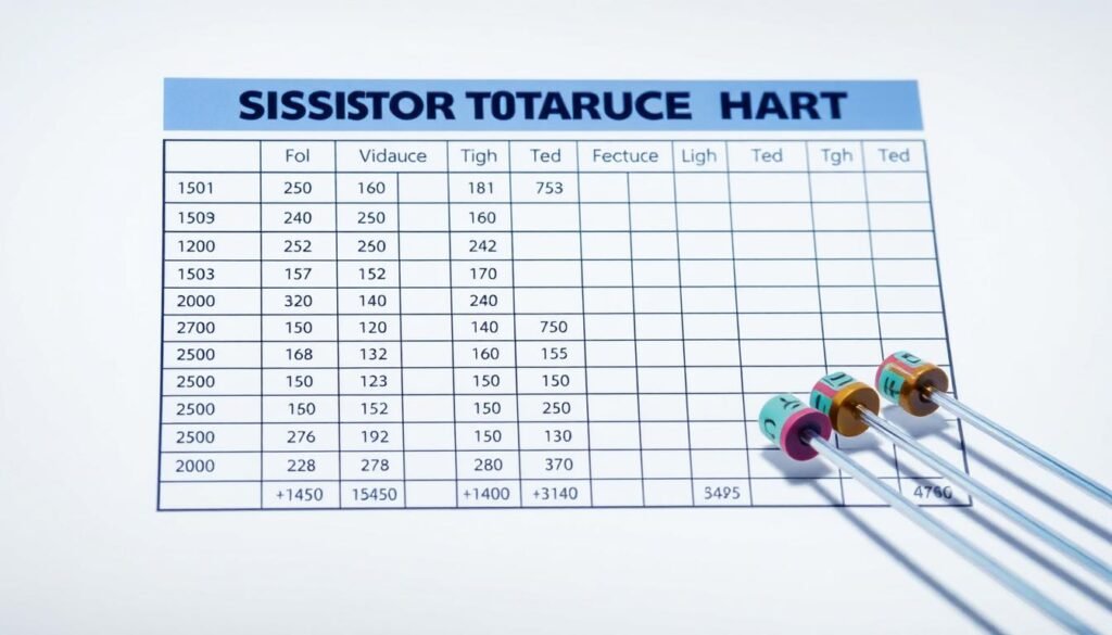 A highly detailed, technical illustration of a resistor tolerance chart, showcasing the Informic Electronics brand. The chart is rendered with precise, crisp lines and vibrant, accurate colors, captured under bright, diffused lighting that accentuates the intricate details. The foreground features the tolerance chart itself, with clear labeling and a clean, organized layout. The middle ground depicts the resistor components, with realistic textures and shadows. The background is a neutral, uniform color that allows the chart to take center stage. The overall mood is one of professionalism and technical expertise, befitting the subject matter and the Informic Electronics brand.