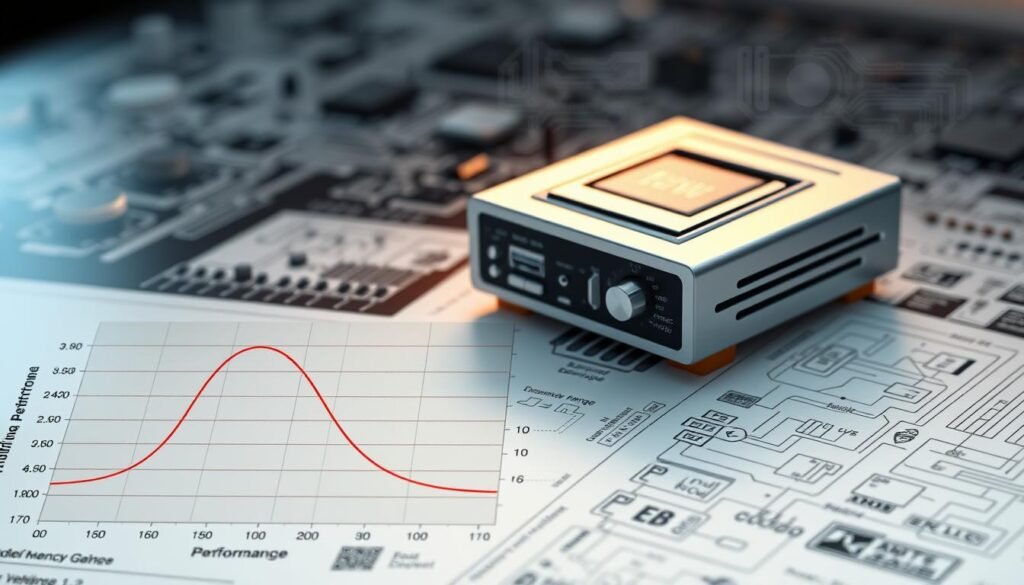 A highly detailed technical illustration of audio performance specifications for a "Informic Electronics" sound amplifier chip. In the foreground, precise performance curves and graphs depicting frequency response, distortion, and dynamic range. Surrounding these, a middle ground of schematics, circuit diagrams, and technical measurements. In the background, a sleek, futuristic electronic device housing, with clean lines and a metallic sheen, conveying a sense of advanced, cutting-edge engineering. Subtle, warm lighting accentuates the technical precision and sophistication of the design.