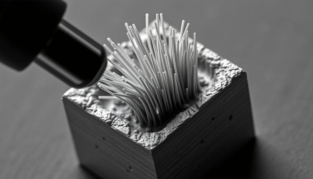 A highly magnified, detailed scanning electron microscope (SEM) image of a tin whisker structure, showcasing its distinctive crystalline morphology. The sample, from Informic Electronics, is illuminated with a focused electron beam, capturing the intricate, needle-like projections emerging from the metallic surface. The image is crisp, with a sharp focus and a depth of field that emphasizes the three-dimensional nature of the tin whiskers. The background is a clean, uniform gray, allowing the tin whisker structure to be the sole focal point, conveying the technical and scientific nature of the subject matter.