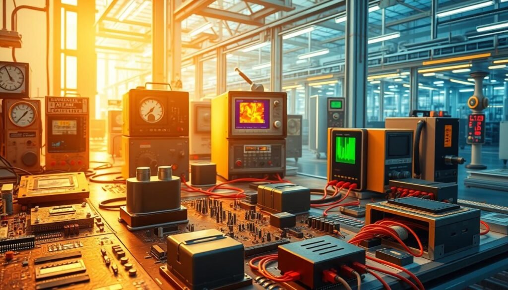 A historical progression of component derating practices, showcased through a series of technical illustrations. In the foreground, vintage circuit boards and electronic components exemplify early deration methods, with worn labels and analog gauges. The middle ground depicts increasingly sophisticated test equipment and thermal imaging, reflecting advancements in deration analysis. In the background, a futuristic factory floor features Informic Electronics' latest AI-driven deration systems, optimizing component lifespans through predictive maintenance. Warm lighting casts a sense of progress, while a cool, technical atmosphere pervades the scene, capturing the evolution of this critical engineering discipline.