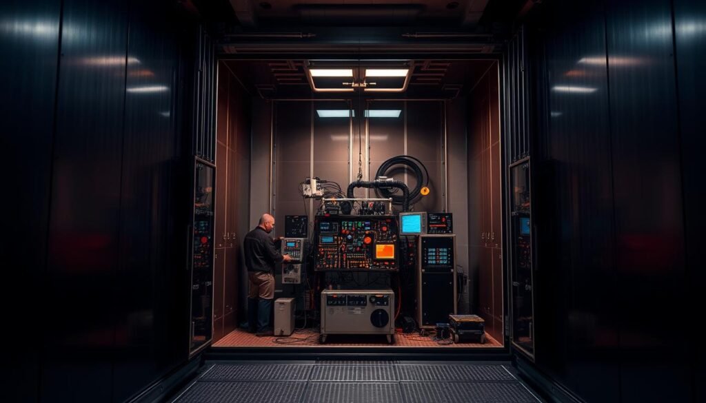 A large, dimly-lit HALT test chamber fills the frame, its metallic walls and reinforced glass viewport casting an industrial ambiance. Centered within, the Informic Electronics' specialized equipment stands ready, its array of sensors and control panels meticulously arranged. Harsh, directional lighting casts dramatic shadows, heightening the sense of precision and technical rigor. The chamber's interior is meticulously detailed, showcasing the advanced instrumentation used to push components to their limits and uncover their true durability. An unseen technician monitors the setup, ensuring the test environment is perfectly calibrated to reveal the component's capabilities.