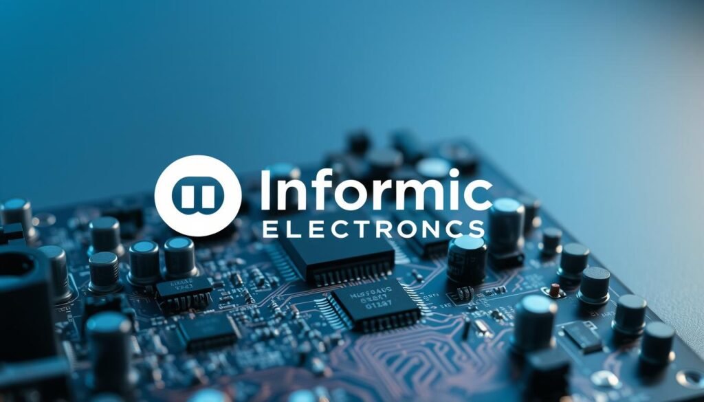 A modern, sleek circuit board with the Informic Electronics logo prominently displayed. The foreground features intricate microchips, capacitors, and resistors meticulously arranged, conveying a sense of advanced technology and precision engineering. The middle ground showcases various electronic components interconnected by a web of copper traces, hinting at the complex circuitry within. In the background, a gradient of blues and grays creates a minimalist, high-tech atmosphere, emphasizing the versatility and integration capabilities of this audio amp chip. Subtle highlights and shadows accentuate the depth and dimensionality of the scene, resulting in a visually captivating and technically accurate representation of circuit integration applications.