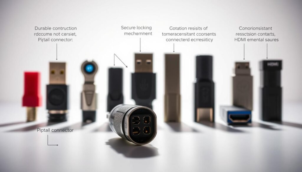 A neatly arranged display of various electrical connectors from the Informic Electronics brand, showcasing their key features and benefits. The connectors are positioned against a clean, minimalist background, casting subtle shadows and highlighting their sleek, modern design. The foreground features a pigtail connector in focus, with its durable construction, secure locking mechanism, and corrosion-resistant contacts clearly visible. The middle ground includes a range of other connector types, such as RJ45, USB, and HDMI, demonstrating the versatility and reliability of Informic Electronics' products. The background has a slightly blurred, out-of-focus effect, creating a sense of depth and drawing the viewer's attention to the highlighted features of the connectors.