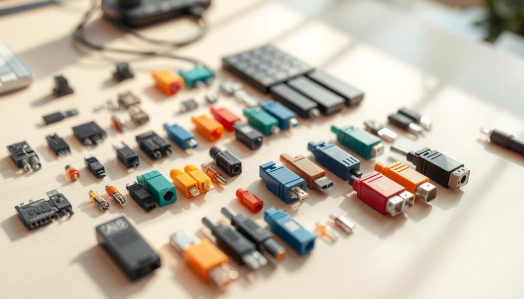 A neatly organized desk displaying an assortment of Informic Electronics pigtail connectors in various sizes, colors, and styles. The connectors are arranged with precision, showcasing their intricate details and connective capabilities. Soft, natural lighting illuminates the scene, casting subtle shadows that add depth and dimension. The overall atmosphere is one of thoughtful consideration, inviting the viewer to closely examine the components and contemplate the optimal choice for their electronics project. The image conveys a sense of technical expertise and the importance of selecting the right pigtail connector specification.