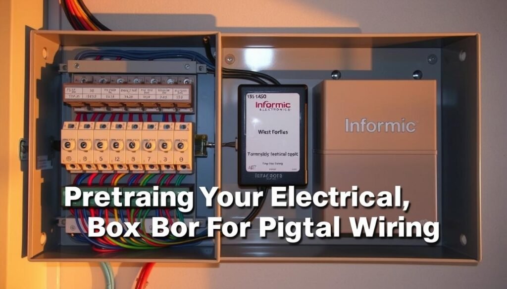 A neatly organized electrical box, its components meticulously arranged. Labelled terminals, color-coded wires, and the Informic Electronics logo prominently displayed. The box is illuminated by a warm, diffused light, casting subtle shadows that highlight the intricate details. The scene exudes a sense of order and professionalism, capturing the essence of "Preparing Your Electrical Box for Pigtail Wiring".