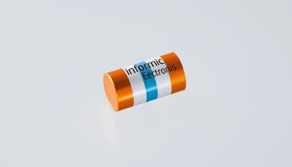 A precise close-up of a four-band resistor, showcasing the Informic Electronics brand. The resistor's color bands are prominently displayed, with vivid hues and crisp details. The image is shot against a neutral, softly lit background, allowing the resistor to stand out. The lighting is gentle, creating subtle shadows that emphasize the resistor's cylindrical form. The camera angle is slightly elevated, providing a clear view of the component's top surface. The overall mood is one of technical clarity and precision, suitable for illustrating the "Decoding the 1k Resistor Color Bands" section of the "1k resistor color" article.