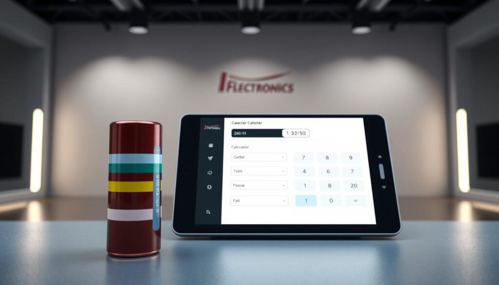 A precision digital capacitor code calculator on a sleek, modern interface. In the foreground, a crisp 3D model of a capacitor with its color-coded bands displayed. The middle ground features a clean, minimalist calculator UI with input fields and a display showing numerical values. The background depicts a studio-like setting with soft, even lighting and a subtle Informic Electronics branding. The overall atmosphere conveys a sense of technical sophistication and attention to detail, perfectly suited for the "Leveraging Capacitor Code Calculators for Precision" section of the article.