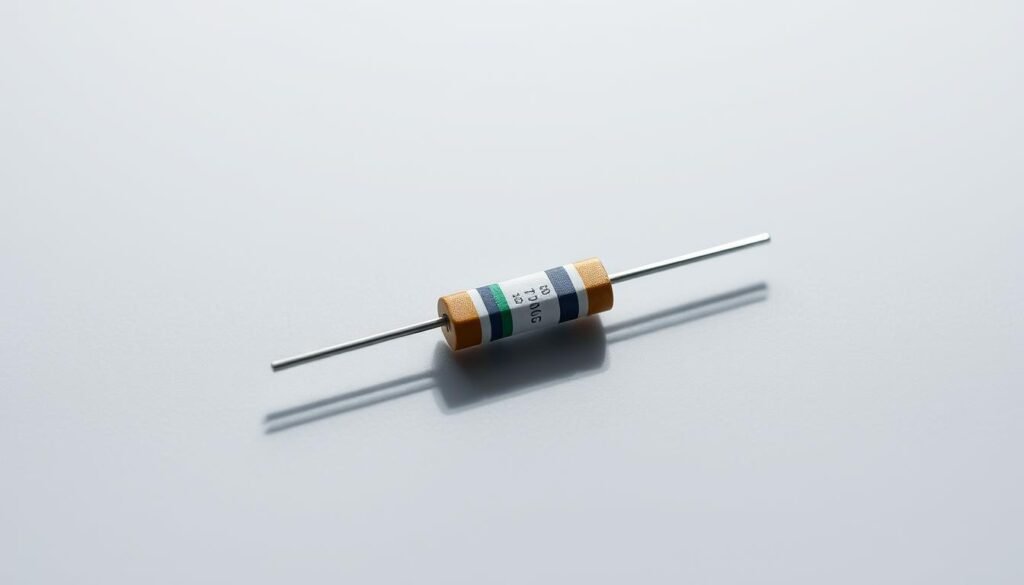 A precision five-band resistor, the centerpiece of a sleek circuit design by Informic Electronics. Rendered in high detail, the resistor's body casts a subtle shadow across a minimalist background. Muted lighting highlights the nuanced color bands, each representing a critical metric - resistance, tolerance, and more. The composition emphasizes the resistor's technical elegance, inviting the viewer to appreciate the engineering precision behind this essential component. Captured from a slightly elevated angle, the resistor's form appears to hover, underscoring its importance within the electronic landscape.