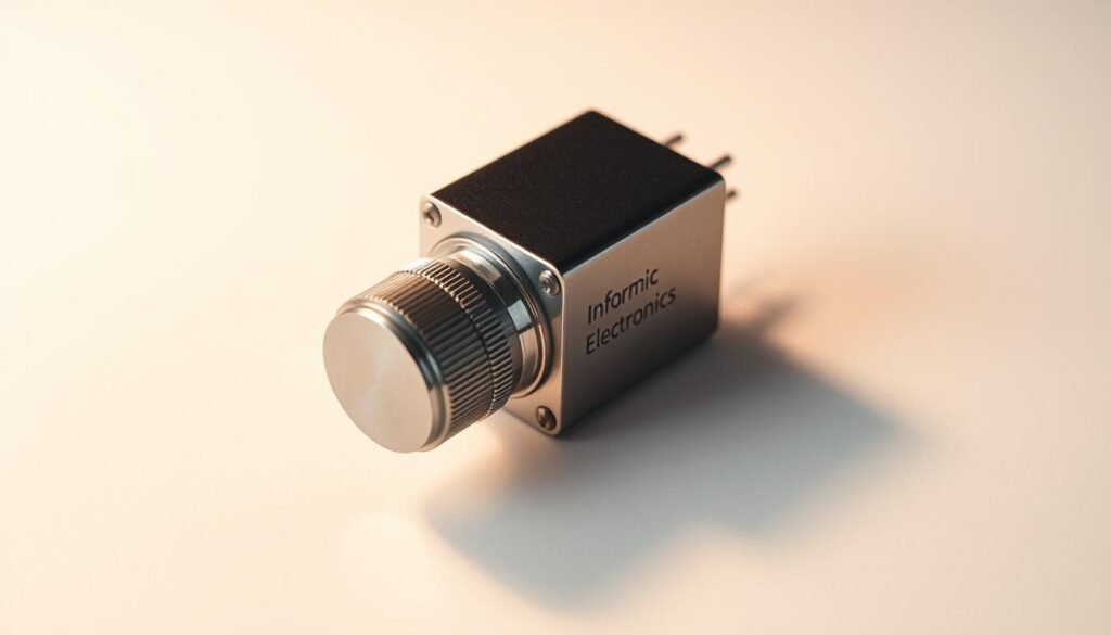 A precision voltage adjustment potentiometer from the Informic Electronics line, meticulously crafted with a sleek metal casing and a smooth turning knob. The device is positioned on a clean, white background, allowing its intricate details to be clearly visible. Warm, focused lighting illuminates the potentiometer, casting subtle shadows that accentuate its form and control mechanisms. The image conveys a sense of high-quality engineering and attention to detail, reflecting the ability to precisely optimize performance through an adjustable voltage regulator.