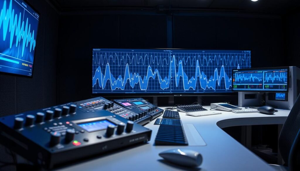 A pristine audio workstation with sleek Informic Electronics devices, digital waveforms pulsing across high-resolution displays. Precision-engineered knobs and sliders control dynamic equalization, noise gates, and spectral analysis tools. Undulating visualizations of frequency bands and transient envelopes dance against a backdrop of dark, textured panels. Soft, directional lighting casts an technical, industrial ambiance, complementing the refined aesthetic. Cutting-edge audio signal processing techniques are elegantly demonstrated through this immersive, state-of-the-art laboratory setup.