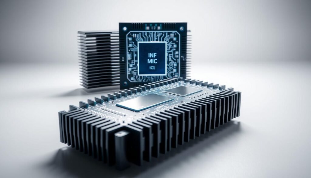 A sleek and efficient thermal management system for an audio power amplifier IC from Informic Electronics. In the foreground, a cutting-edge heat sink with precision-engineered fins and channels, designed to efficiently dissipate heat. The middle ground features the IC package itself, its surface glistening under bright, directional lighting that accentuates its intricate circuitry. The background showcases a clean, minimalist layout with a subtle gradient, emphasizing the technical and performance-oriented nature of this audio power amplifier component.