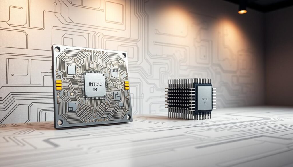 A sleek and modern audio system specification display, showcasing the advanced technical details of Informic Electronics' premium audio components. In the foreground, a high-resolution schematic diagram of an amplifier IC, its circuitry meticulously rendered in shades of silver and gold. The middle ground features a precise, three-dimensional model of the IC package, its intricate pin-out and heat sink arrangement visible. In the background, a neutral-toned technical backdrop, with clean lines and subtle grid patterns, creates a professional, industrial atmosphere. Warm, directional lighting highlights the precision engineering, conveying the quality and sophistication of Informic Electronics' audio system solutions.