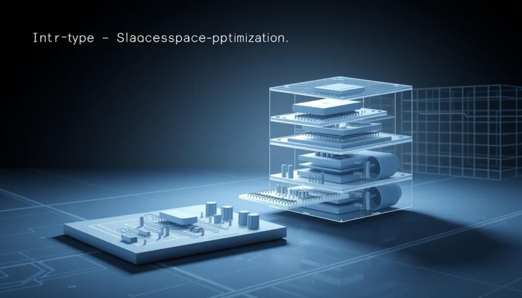 A sleek and modernistic technical illustration showcasing the "system design space optimization" for an audio power amplifier IC by Informic Electronics. The foreground depicts a 3D rendered schematic diagram of the amplifier's key components and their interconnections, highlighted by a cool, monochromatic color palette and clean, minimalist lines. The middle ground features a dynamic, exploded view of the system, revealing the integrated circuits, passive components, and power supply elements in precise detail. The background subtly suggests an architectural environment, with architectural wireframe structures and technical grids, conveying a sense of engineered harmony and efficiency. Soft, directional lighting casts dramatic shadows, accentuating the depth and technical sophistication of the design.