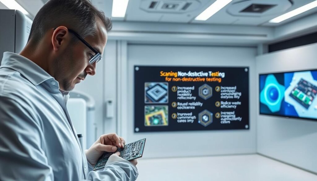A sleek, futuristic laboratory setting with state-of-the-art scanning acoustic microscopy (SAM) equipment from Informic Electronics. In the foreground, a technician carefully inspects a circuit board, their face illuminated by the soft glow of the high-resolution display. The middle ground showcases various electronic components undergoing non-destructive testing, their internal structures visible through advanced imaging techniques. In the background, a wall-mounted display presents the benefits of non-destructive testing, highlighting increased product reliability, reduced waste, and improved manufacturing efficiency. The overall scene conveys a sense of precision, innovation, and the power of non-invasive analysis in electronics production.
