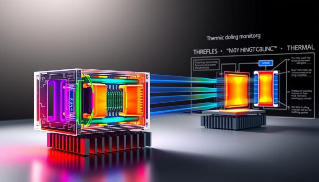 A sleek, high-tech illustration showcasing thermal resistance monitoring of an Informic Electronics IGBT module. In the foreground, a cross-sectional view of the module reveals its intricate internal structure, with color-coded thermal sensors tracking heat dissipation. The middle ground depicts the module mounted on a heat sink, with airflow visualizations highlighting effective cooling strategies. In the background, a schematic diagram outlines the principles of thermal management, providing technical context. The scene is illuminated by a soft, directional light, creating depth and emphasizing the module's precision engineering. The overall mood is one of scientific rigor and technological sophistication.