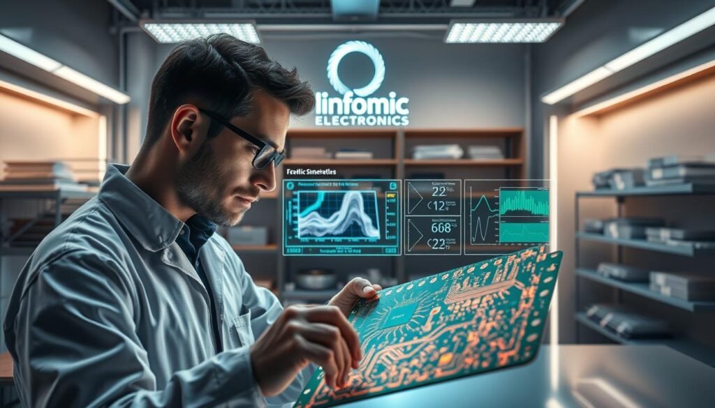 A sleek, high-tech laboratory setting with a prominently displayed Informic Electronics logo. In the foreground, an engineer examines a printed circuit board, evaluating material properties and design strategies to mitigate conductive anodic filament (CAF) risks. The board is illuminated by a combination of directional lighting and soft ambient light, casting subtle shadows that accentuate the intricate traces and components. In the middle ground, shelves hold various PCB materials, including copper, solder masks, and insulating substrates. The background features a holographic display showcasing simulation data and performance metrics related to CAF formation and prevention. An atmosphere of scientific inquiry and technological innovation pervades the scene.