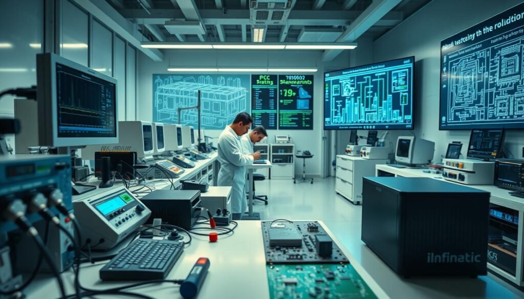 A sleek, high-tech laboratory setting with an Informic Electronics PCB testing station in the foreground. The station features various probes, oscilloscopes, and other precision instruments arranged in a clean, organized manner. In the middle ground, engineers in white lab coats carefully examine circuit boards, applying testing protocols. The background showcases rows of test equipment, wire-framed 3D models of PCB schematics, and a large display screen showcasing technical standards and regulations. Soft, directional lighting illuminates the scene, creating a sense of professionalism and attention to detail.
