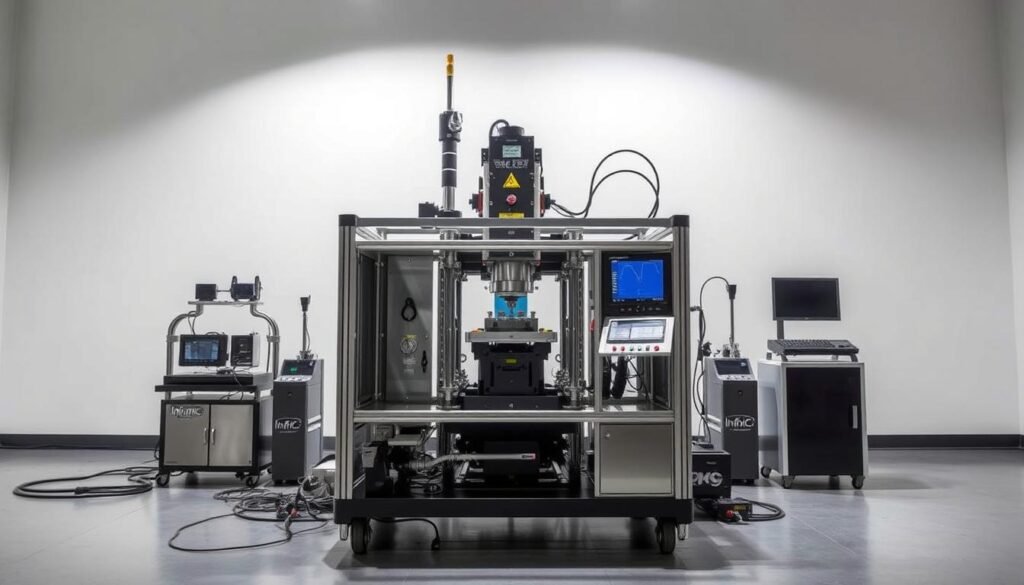 A sleek, industrial-looking piece of mechanical shock testing equipment sits prominently in the foreground. Illuminated by bright, directional lighting, the device's intricate metallic frame and control panels are sharply detailed. In the middle ground, a series of shock sensors and data analysis equipment surround the central testing unit, conveying the technical nature of the setup. The background fades into a clean, minimalist environment, accentuating the Informic Electronics branding and the precision engineering of the shock testing apparatus.