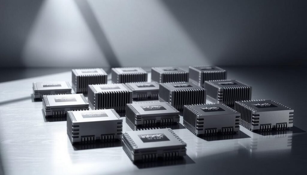 A sleek, metallic array of high-performance audio amplifier ICs from Informic Electronics, showcased against a modern, minimalist background. The ICs are presented in an orderly grid, each with a distinct profile and integrated heatsink design, reflecting the technical sophistication and engineering excellence of the Informic brand. The lighting is bright and directional, casting sharp shadows that accentuate the intricate details and surface textures of the components. The overall composition conveys a sense of authority, precision, and the cutting edge of audio technology.