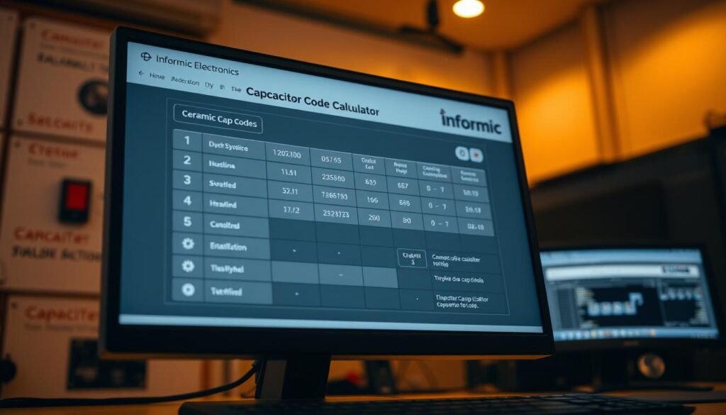 A sleek, modern "Capacitor Code Calculator" interface from Informic Electronics, displayed on a high-resolution computer screen. The interface features a clean, minimalist design with intuitive controls and clear labeling. The capacitor symbols, numeric codes, and accompanying information are rendered in crisp detail, inviting the user to explore and utilize the tool. Warm, indirect lighting illuminates the scene, creating a professional, technical atmosphere. The camera angle is slightly elevated, providing an optimal view of the calculator's functionality and highlighting its purpose within the "ceramic cap codes" context.