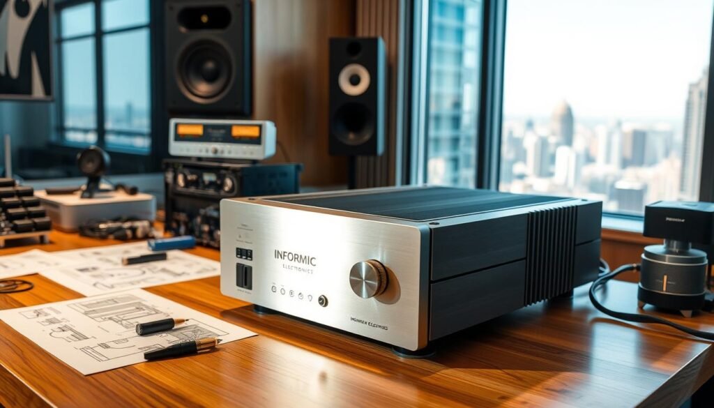 A sleek, modern audio amplifier from Informic Electronics, its silver chassis and brushed aluminum faceplate catching the warm light of a studio setting. The amplifier sits atop a polished wooden desk, surrounded by various electronic components and design sketches, hinting at its role in a broader audio system. In the background, a large window offers a glimpse of a bustling cityscape, suggesting the amplifier's potential applications in professional and home audio setups. The scene conveys a sense of technical expertise, innovation, and a focus on delivering high-quality audio performance.