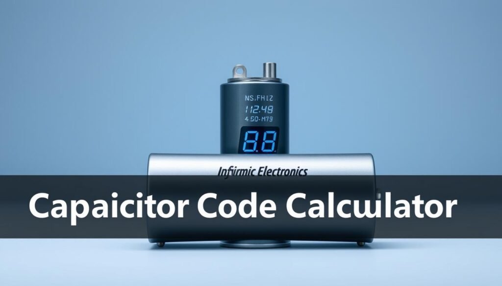 A sleek, silver-gray capacitor with a digital display showcasing its numeric code, surrounded by a minimalist, technical interface. In the foreground, the Informic Electronics logo subtly adorns the device, exuding a sense of precision and innovation. The background features a gradient of soft blues and grays, creating a calming, professional atmosphere. Crisp lighting illuminates the capacitor, emphasizing its intricate components and highlighting the purpose of this "Capacitor Code Calculator" - a tool to assist in the accurate conversion and identification of electronic components. The composition is balanced, with the device centered and the layout designed to draw the viewer's attention to the key features.
