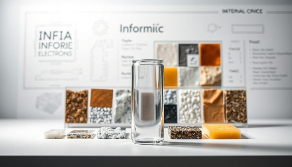 A sophisticated comparison of dielectric properties, showcasing the unique characteristics of various materials. In the foreground, a sleek glass capacitor stands prominently, its transparent shell revealing the intricate internal structure. Surrounding it, a grid of samples representing different dielectric materials, each with distinct hues and textures, illustrating their varied electrical properties. The background features a minimalist, white-washed laboratory setting, with subtle technical schematics and Informic Electronics branding subtly integrated, lending an air of scientific authority. Crisp lighting from multiple angles highlights the nuances of each material, creating a visually engaging and informative display.