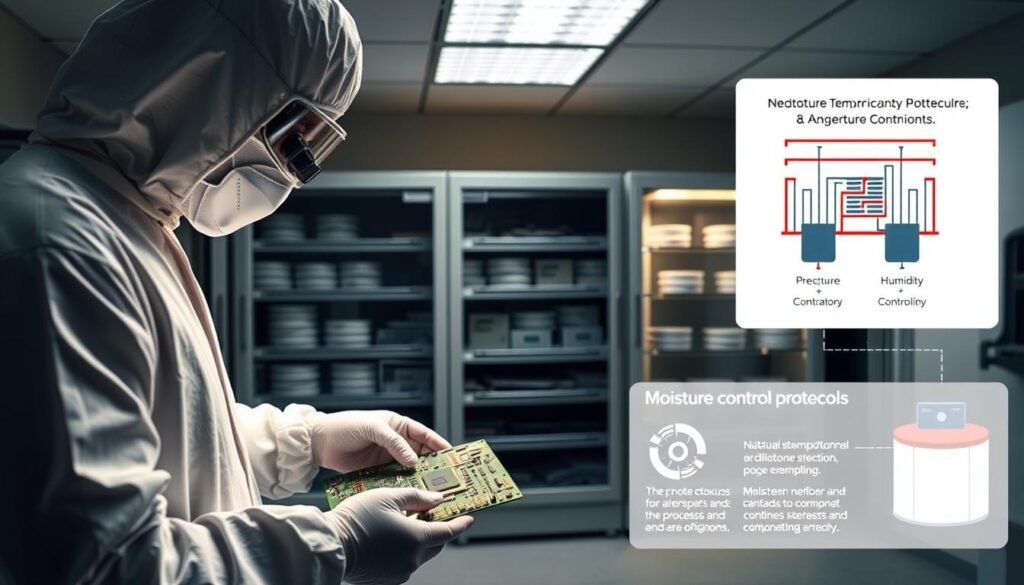 A state-of-the-art clean room at Informic Electronics, dimly lit by soft ambient lighting. In the foreground, a technician in a protective suit carefully handles a printed circuit board, examining it under a high-magnification lens. In the middle ground, shelves of precisely temperature and humidity-controlled storage cabinets hold neatly organized component reels. The background features a schematic diagram of the moisture control protocols, showcasing the advanced environmental monitoring and conditioning systems that ensure the highest quality standards for electronic component handling and assembly.
