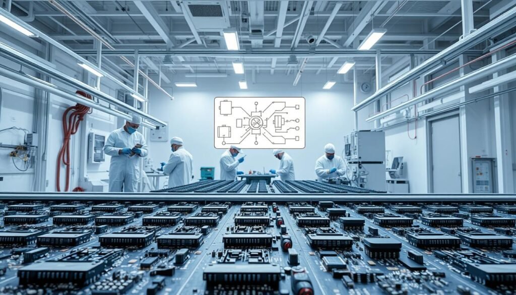 A state-of-the-art electronics manufacturing facility, bathed in a clinical white light. In the foreground, rows of Informic Electronics circuit boards on an assembly line, delicate components being soldered with precision. Mid-ground, workers in clean suits carefully inspect and test the assembled units. In the background, a looming schematic diagram highlights the potential for tin whisker growth, a dreaded reliability risk. The atmosphere is one of cautious, technical focus - a constant vigilance against the unseen threats that can compromise high-reliability electronics.