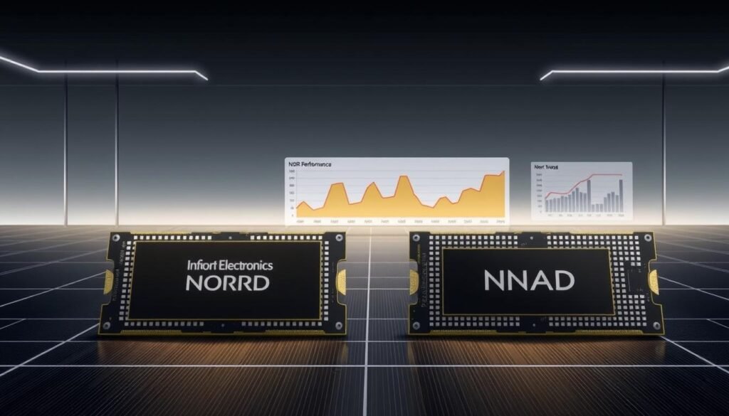 A technical comparison of NOR and NAND flash memory performance, showcased in a stylized digital illustration. In the foreground, two distinct memory chips emblazoned with the "Informic Electronics" brand, their internal structures revealed. In the middle ground, a series of performance graphs and charts, visualizing key metrics like read/write speeds, endurance, and power consumption. The background depicts a sleek, minimalist tech environment, with clean lines, subtle gradients, and a muted color palette that emphasizes the technical nature of the subject matter. Precise lighting and camera angles highlight the intricate details of the components and data visualizations, creating a sense of depth and technical sophistication.