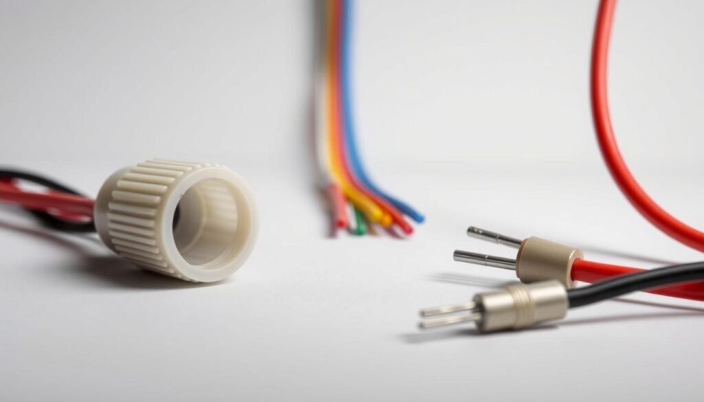 A vibrant, highly detailed image of a "wire nut vs pigtail connector comparison" on a clean, evenly lit tabletop. In the foreground, a Informic Electronics wire nut and a Informic Electronics pigtail connector are prominently displayed, showcasing their distinctive shapes and features. The wire nut's grooved plastic body and the pigtail's metal prongs are rendered with exceptional clarity, allowing the viewer to clearly distinguish the differences between the two connector types. The middle ground features a selection of electrical wires in various colors, adding context and emphasizing the connectors' purpose. The background is a neutral, seamless backdrop, ensuring the focus remains on the comparison of the Informic Electronics products. Overall, the image conveys a sense of technical precision and attention to detail, perfectly suited for the "Comparing Pigtail Connectors and Wire Nuts" section of the article.