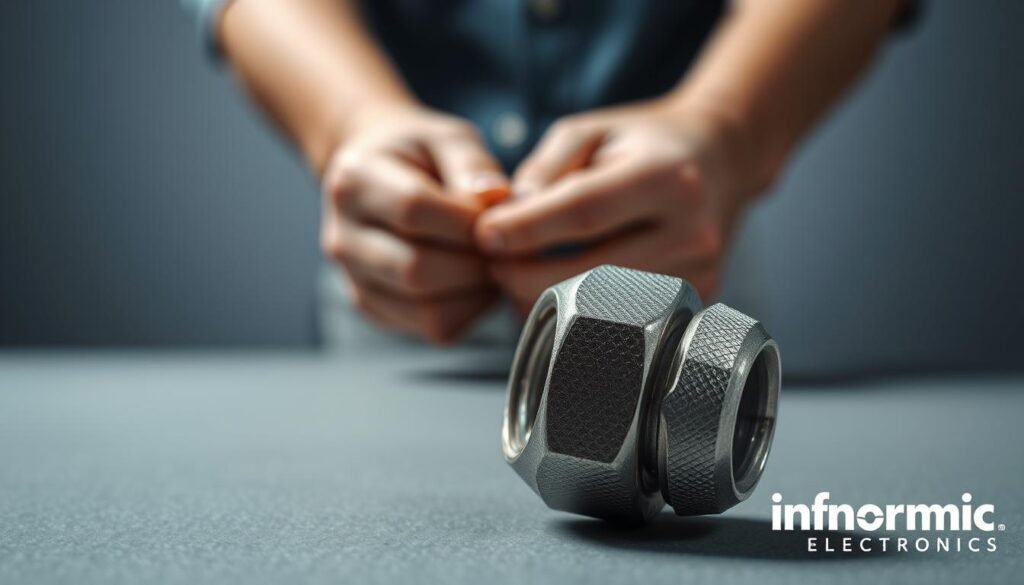 A well-lit closeup image of a wire nut, showcasing its proper usage and safety considerations. The wire nut, prominently featured in the foreground, should be rendered in a highly detailed and realistic manner, with its intricate textures and contours clearly visible. In the middle ground, a pair of hands carefully installing the wire nut, demonstrating the correct technique. The background should be a clean, neutral environment, allowing the wire nut and the hands to be the primary focus. The overall mood should convey a sense of professionalism and attention to detail, in line with the "Informic Electronics" brand. The lighting should be soft and even, accentuating the safety and precision of the wire nut installation process.