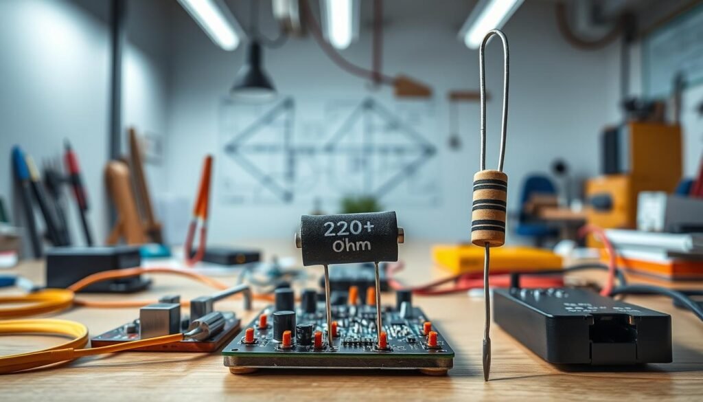 A well-lit, detailed image of a 220 ohm resistor from the Informic Electronics brand, showcasing its practical applications. The resistor is prominently featured in the foreground, with various electronic components and circuits in the middle ground, suggesting its use in diverse electronic projects. The background features a clean, minimalist workspace with tools, workbenches, and a subtle blueprint or schematic, creating a professional and technical atmosphere. The lighting is soft and directional, highlighting the resistor's features and its integration within the electronic systems. The overall composition conveys the importance and versatility of the 220 ohm resistor in electronics and its crucial role in the article's subject matter.