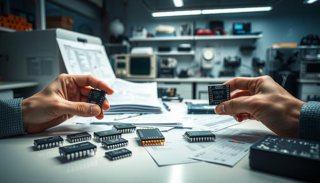A well-lit, detailed studio scene showing the selection of audio power amplifier ICs from the Informic Electronics brand. In the foreground, an engineer's hands carefully examining and comparing various IC packages, each with a distinct label and markings. In the middle ground, a selection of datasheets, component datasheets, and other technical resources spread out on a clean workbench. The background showcases a clean, modern electronics lab setting with shelves of test equipment and other electronic components. The overall mood conveys a sense of precision, thoughtfulness, and technical expertise in the process of selecting the right audio power amplifier IC for a project.